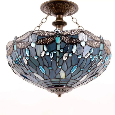 Sea Blue Tiffany Stained Glass Dragonfly Ceiling Light Fixture Lit Look Semi Flush Mount 16 Inch Wide 15 Inch High Antique Green Bronze Finish Hardwired Lamp Designer Home Lighting For Living Room And Foyer Ceiling Fixture