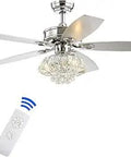 Chrome 3 Light Ceiling Fan With Iron And Crystal Glam Drum Chandelier Remote Control Reversible Silver And White Maple Blades LED Bulbs Included ETL Listed Energy Efficient Lighting For Living Rooms with remote in view