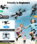 1080P HD Camera Drone for Beginners and Kids Adults Foldable RC Quadcopter flying with children jumping rope outdoors.