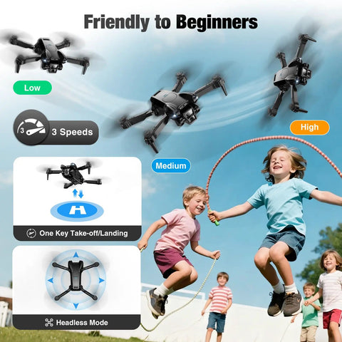 1080P HD Camera Drone for Beginners and Kids Adults Foldable RC Quadcopter flying with children jumping rope outdoors.