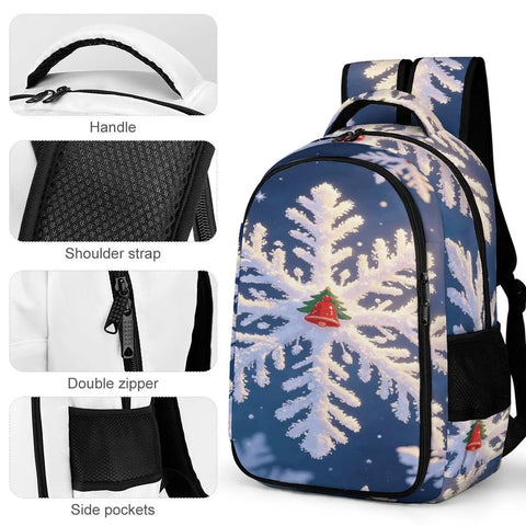 Christmas Frost Snowflake Print Unisex Backpack With Large Capacity Durable Polyester Material Breathable Everyday Carry Daypack For School Travel Work And Casual Use, showing handle, shoulder strap, double zipper, and side pockets.