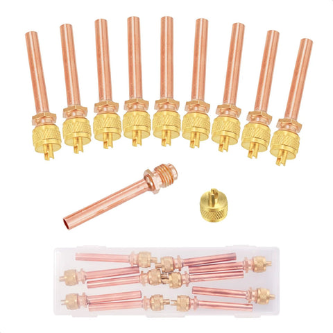 Front view of 10-pack copper Schrader HVAC service valve stems with brass fittings and plastic storage box