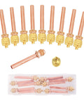 Ten copper Schrader HVAC service valves with brass adapters; 1/4 in SAE x 1/4 in OD x 2.5 in stem; in plastic storage box