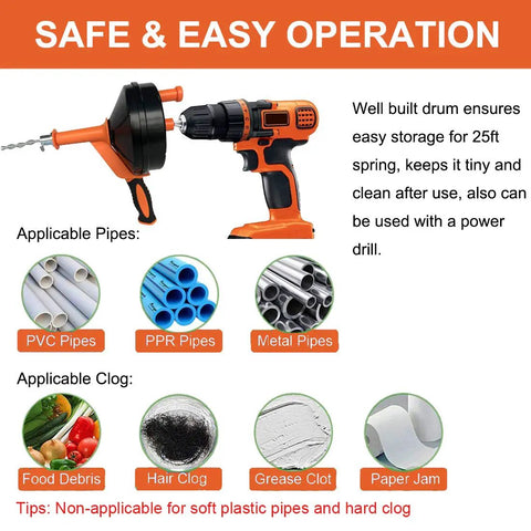 Drain Auger Clog Remover With Drill Adapter 25 Ft Flexible Plumbing Snake You Can Use Manually Or Powered For Kitchen, Bathroom And Shower Sinks Includes Gloves For Clean Hands And Easy Drain Clearing, shown with compatible pipes and clogs.