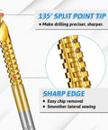 Close-up of 8 Pack Titanium Coated HSS Twist Drill Bits Set With Hex Shank Serrated Side Cutting For Wood Metal And Plastic, Sizes 3mm To 10mm, Pro Grade Heavy Duty High Speed Steel Drill Bit Kit For Clean Holes And Easy Drilling showing serrated edge and split point tip.
