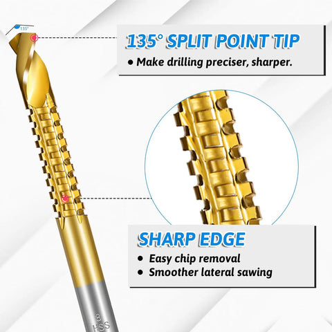 Close-up of 8 Pack Titanium Coated HSS Twist Drill Bits Set With Hex Shank Serrated Side Cutting For Wood Metal And Plastic, Sizes 3mm To 10mm, Pro Grade Heavy Duty High Speed Steel Drill Bit Kit For Clean Holes And Easy Drilling showing serrated edge and split point tip.