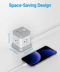7 In 1 Power Strip Cube With 4 Outlets And 3 USB Ports, 5 Foot Extension Cord, shown charging a phone on desk