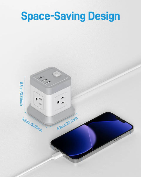 7 In 1 Power Strip Cube With 4 Outlets And 3 USB Ports, 5 Foot Extension Cord, shown charging a phone on desk