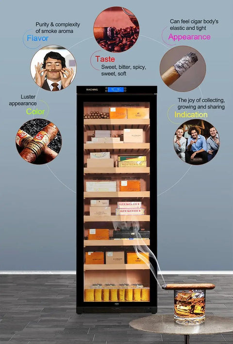 Beefy 380L Electric Cigar Humidor With Precise Temperature And Humidity Control, cedar shelves, displays cigars in lounge setting