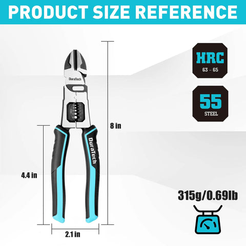 Product size reference for 4 In 1 Diagonal Cutting Pliers 8 Inch Heavy Duty Wire Stripper And Cutter With Ergonomic Handle
