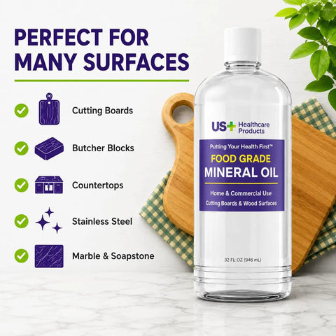 32oz Food Grade Mineral Oil For Cutting Boards And Wood Surfaces with bottle and cutting board graphics