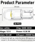 Close-up of 30 Pack 194 LED Bulbs T10 Wedge COB Ultra Bright 6000K Cool White, showing dimensions and specifications chart.