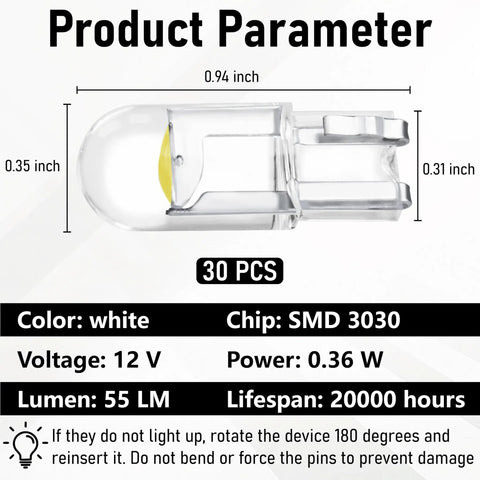 Close-up of 30 Pack 194 LED Bulbs T10 Wedge COB Ultra Bright 6000K Cool White, showing dimensions and specifications chart.