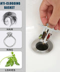 Hand using Universal Bathroom Sink Stopper With Hair Catcher And Push Up Drain Filter, showing anti-clogging basket with hair, ring, leaves.