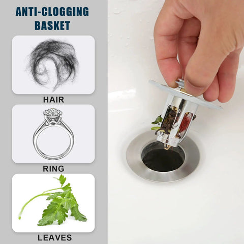 Hand using Universal Bathroom Sink Stopper With Hair Catcher And Push Up Drain Filter, showing anti-clogging basket with hair, ring, leaves.