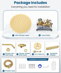 Heavy Duty Brushed Gold Shower Faucet Set Featuring Eight Inch Overhead Rainfall Head with installation components and accessories.