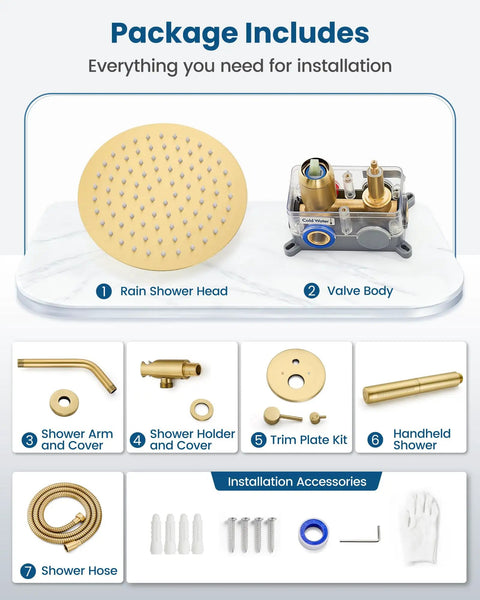 Heavy Duty Brushed Gold Shower Faucet Set Featuring Eight Inch Overhead Rainfall Head with installation components and accessories.