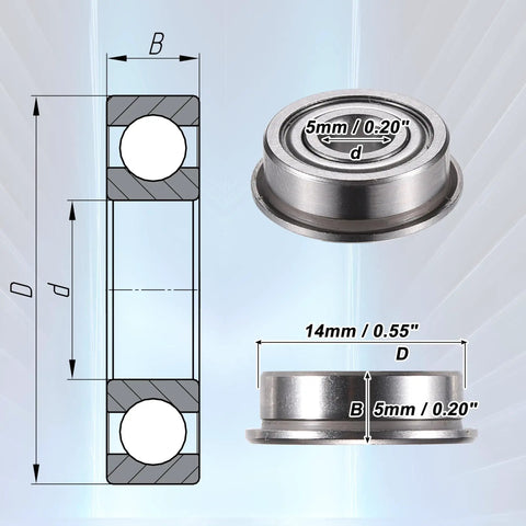 5x14x5mm Deep Groove Ball Bearing Flanged Shield F605ZZ Double Metal Shield 10 Pack Durable Universal Bearings For Motors RC Projects And Machinery Replacement Low Noise, side view