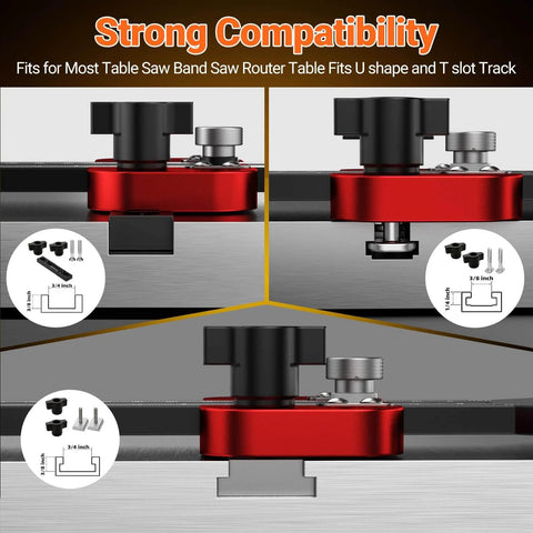 Thin Rip Table Saw Jig With Three Pulleys For Narrow Strip And Repetitive Cuts, Precision Table Saw Guide Fits Three Eighths By Three Quarters U Slot And One Quarter By Three Eighths T Slot shown in U shape and T slot compatibility view.