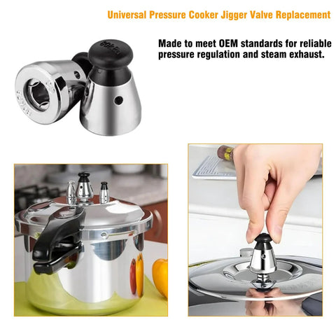 Close-up of universal pressure cooker jigger valve replacement with exhaust rod, chrome finish
Installed on pressure cooker lid showing chrome jigger valve with exhaust rod
Pressure cooker chrome valve being adjusted by hand on a shiny lid
