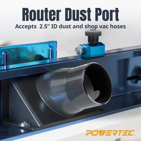 Built Like A Tank Benchtop Router Table With Steel Stand And Adjustable Fence Featuring Roomy Mdf Top For Precise Joinery Cuts Plus Integrated Dust Port and shop vac hose connection.