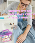 Woman using sewing machine with Purple 40 Spools Sewing Thread Gift Box Kit For Portable Basic Repairs Handy Hand Sewing Set