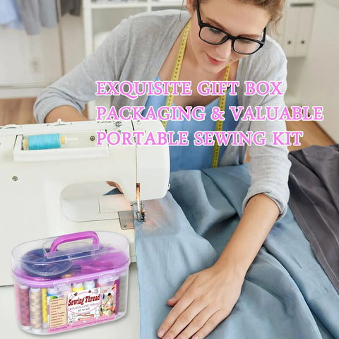 Woman using sewing machine with Purple 40 Spools Sewing Thread Gift Box Kit For Portable Basic Repairs Handy Hand Sewing Set