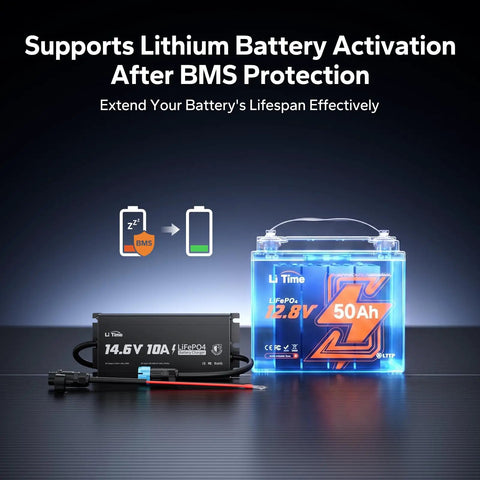 Rugged 10 Amp 12 Volt Lithium Battery Charger With IP65 Waterproof Rating For LifePo4 Batteries and a 50Ah LifePo4 battery.