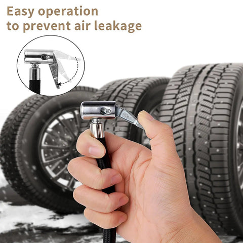 Tough 24cm Tire Inflator Hose with Two Locked-In Air Chucks for Schrader Valves nylon wrapped rubber hose held near a tire.