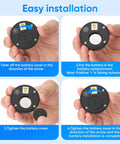 Step-by-step battery installation for Smart Cabinet Lock With Fingerprint, Remote Unlock, And USB Key Backup, Holeless Installation.