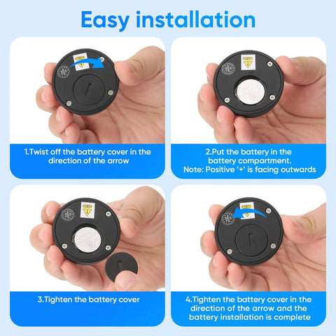 Step-by-step battery installation for Smart Cabinet Lock With Fingerprint, Remote Unlock, And USB Key Backup, Holeless Installation.