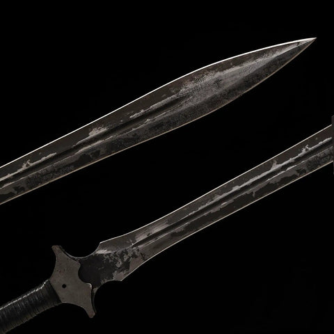 Close-up of Hand Forged Knight Sword In Spring Steel 35 Inch Full Tang Medieval Blade Built For Realistic Battle Vibe with detailed texture