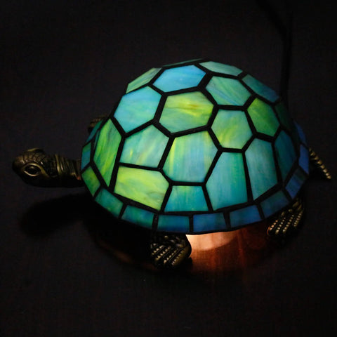 Tiffany Style Turtle Lamp Stained Glass Desk Light Green Turtle 8x5x4 Inch With Bronze Base UL Listed Push Button Switch Easy Assemble 3W 2700K LED Bulb Compatible