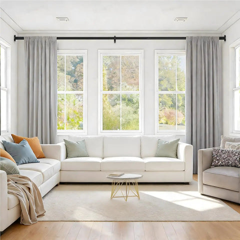 Heavy Duty Black Tension Curtain Rod No Drilling Adjustable 41 To 144 Inches With Rust Resistant Finish in a living room.