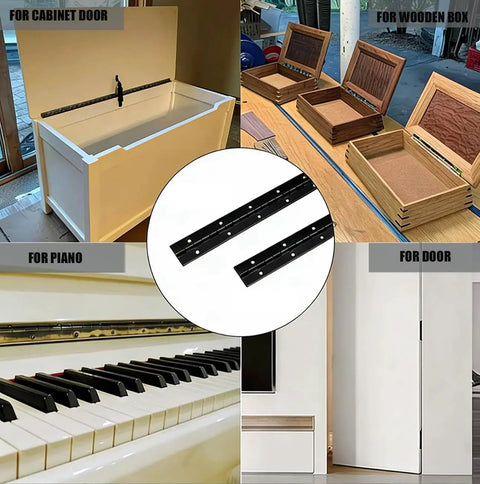 3 Pack Heavy Duty Piano Hinges 10 Inch Black Stainless Steel Long Hinge Rust Resistant Hardware For Cabinets showcased on cabinets, pianos, and boxes.