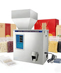 Automatic Granular Filler 300W With Smart Scale And Three Speed Controls For Quick Coffee Beans Rice Flour Spices Tea Packing displayed with various food containers.