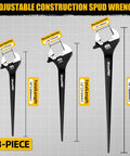 Graphic showing 4 Piece Adjustable Spud Wrench Set With Gloves For Heavy Duty Worksite Use, 10 Inch, 12 Inch And 16 Inch Crescent Plumbers Wrenches.