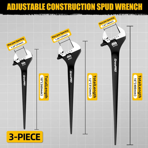 Graphic showing 4 Piece Adjustable Spud Wrench Set With Gloves For Heavy Duty Worksite Use, 10 Inch, 12 Inch And 16 Inch Crescent Plumbers Wrenches.