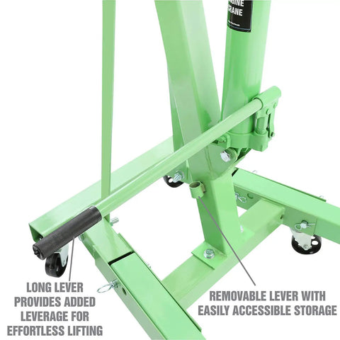 Straight Shooter Two Ton Engine Hoist Foldable Cherry Picker Shop Crane with long lever for easy lifting leverage.