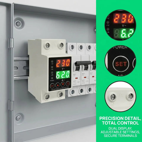 63A Smart Voltage Protector With LCD Display 110V To 220V Wide Range, Adjustable Overvoltage And Undervoltage Protection, High Current DIN Rail Mount For Home And Office Appliances Like ACs, Fridges, Washers And Water Heaters. DIN rail voltage protector in electrical panel with dual LCD displays and terminals