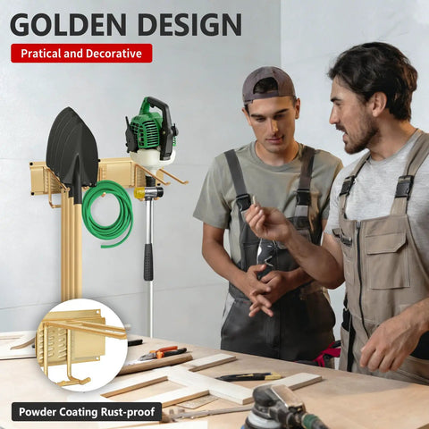 Two men discussing near a 33 Inch Wall Mounted Garage Tool Rack With 2 Panels And 6 Heavy Duty Hooks 675 Lb Capacity Adjustable Rails For Shovels And Yard Tools Durable Shed Organizer In Gold Finish