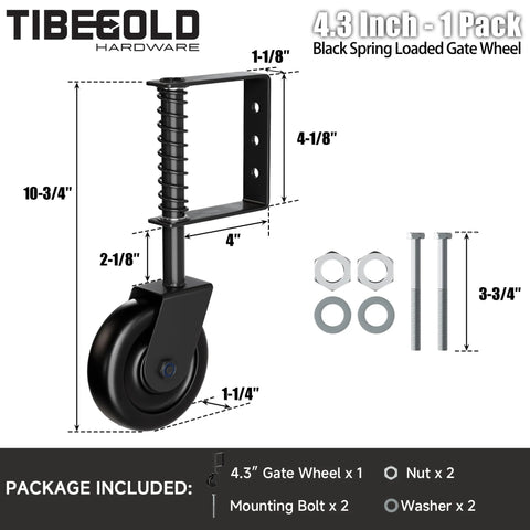 Diagram of a Heavy Duty 4.3 Inch Gate Wheel Caster for Outdoor Wooden Gates and Fences, showing dimensions and included hardware.