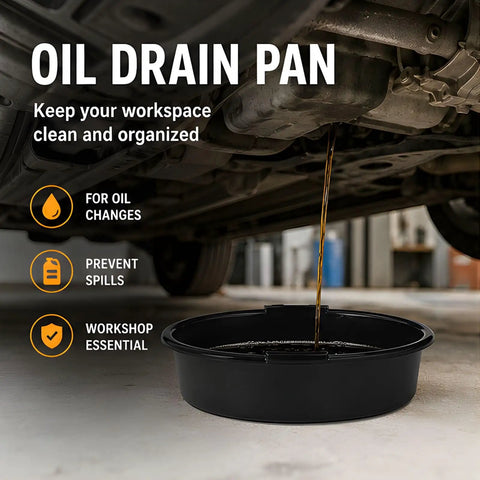 Msioytog Heavy Duty Garage Oil Drain Pan With Super Wide Mouth Round Bassin for Easy Car Fluid Collection under a vehicle.