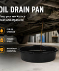 Heavy Duty Vehicle Service Drain Pan With Guide Lip Design For Smarter Oiling Jobs. Black basin catching oil from vehicle.