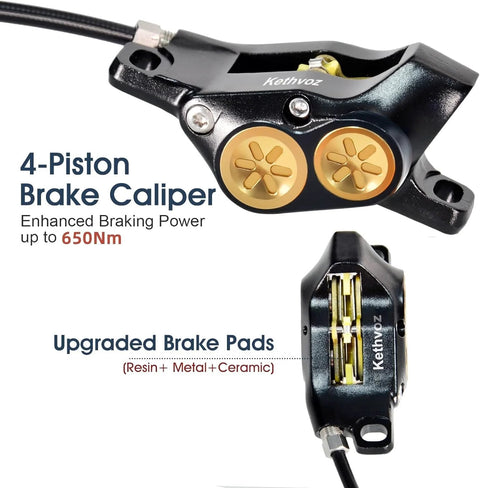 Front and side views of Kethvoz 4-piston hydraulic MTB brake caliper with gold pistons and attached hose