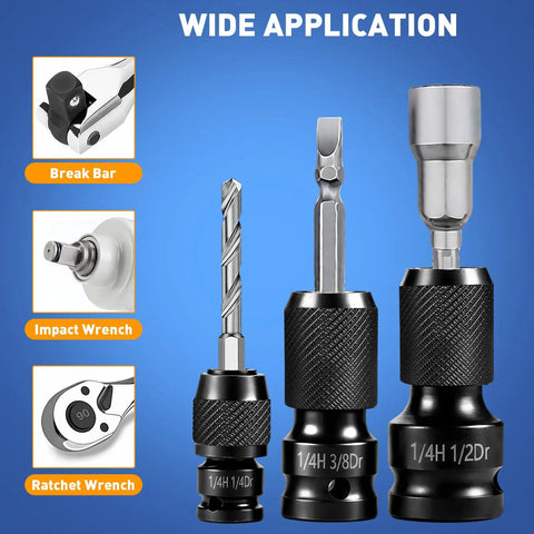 3-Piece Quick Release Impact Bit Holder Set 1/2 Inch, 3/8 Inch, 1/4 Inch Square Drive To 1/4 Inch Hex Shank Adapter shown