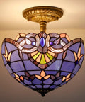 Tiffany Style Baroque Stained Glass Ceiling Light Fixture In Blue And Purple Semi Flush Mount 12 Inch Shade 11 Inch Height