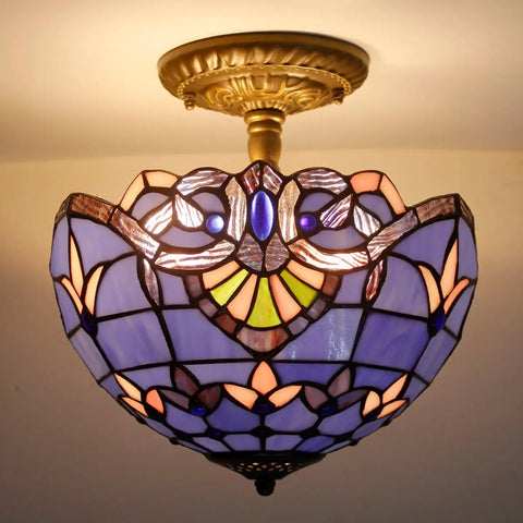 Tiffany Style Baroque Stained Glass Ceiling Light Fixture In Blue And Purple Semi Flush Mount 12 Inch Shade 11 Inch Height