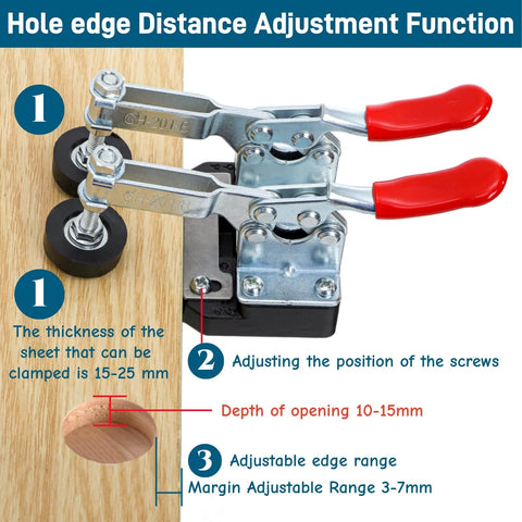 Concealed Hinge Jig With 35mm Hole Punch And Quick Clamp for Cabinet Doors, showcasing hole edge adjustment, clamp, and depth range.