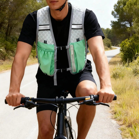 Cyclist wearing Dope Ultralight Running Hydration Vest with 16.9 oz soft flasks, reflective gear, adjustable straps, outdoor path